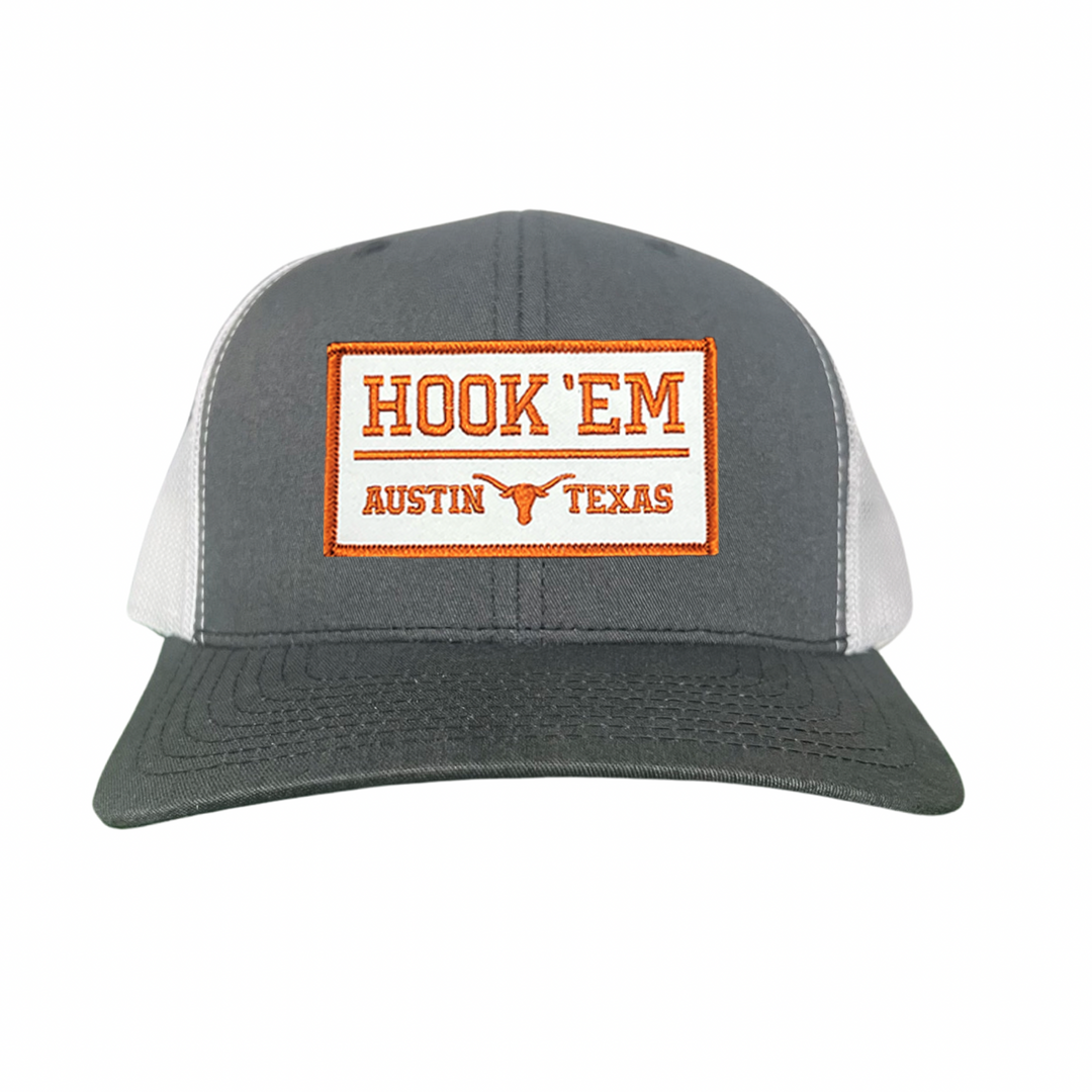 Texas Longhorns HOOK'EM Austin Texas / White - Burnt Orange Rectangle Patch / Hats / 111 / UT9097w / MM