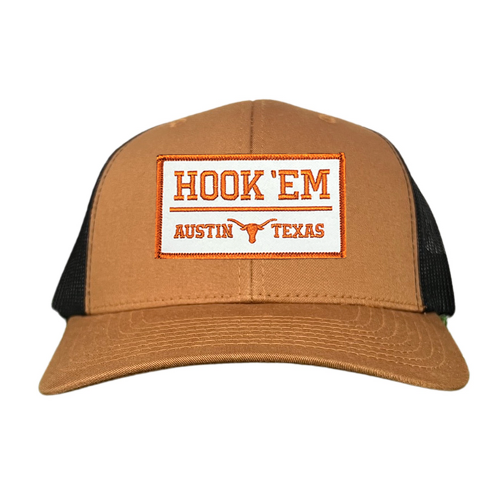 Texas Longhorns HOOK'EM Austin Texas / White - Burnt Orange Rectangle Patch / Hats / 111 / UT9097w / MM