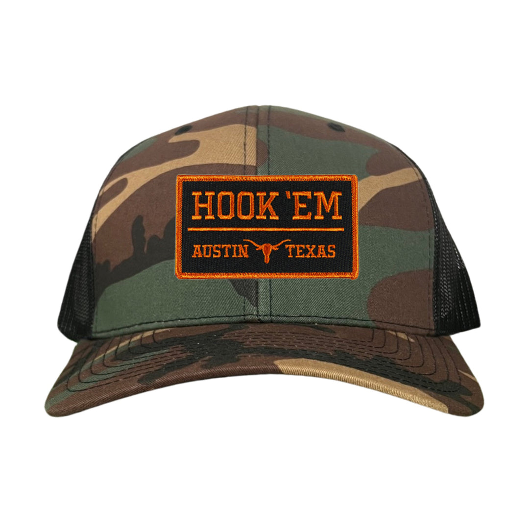 Texas Longhorns HOOK'EM Austin Texas Rectangle / Black - Burnt Orange Patch / Hats / 110 / UT9097b