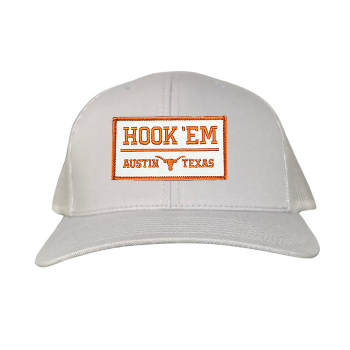 Texas Longhorns HOOK'EM Austin Texas / White - Burnt Orange Rectangle Patch / Hats / 111 / UT9097w / MM