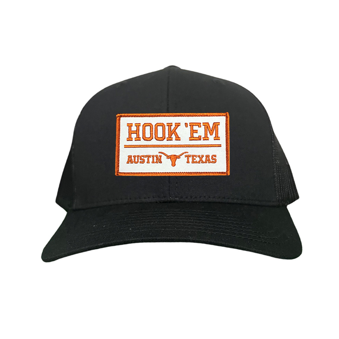 Texas Longhorns HOOK'EM Austin Texas / White - Burnt Orange Rectangle Patch / Hats / 111 / UT9097w / MM