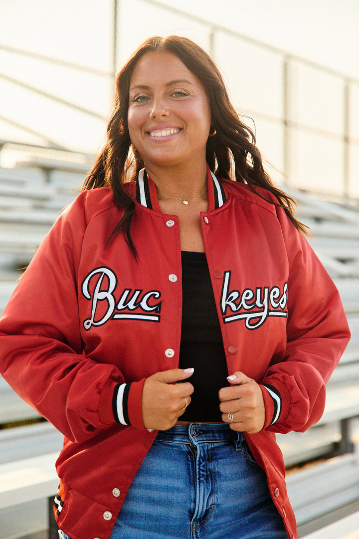 Ohio State OSU Buckeyes Satin Letterman Bomber Jacket