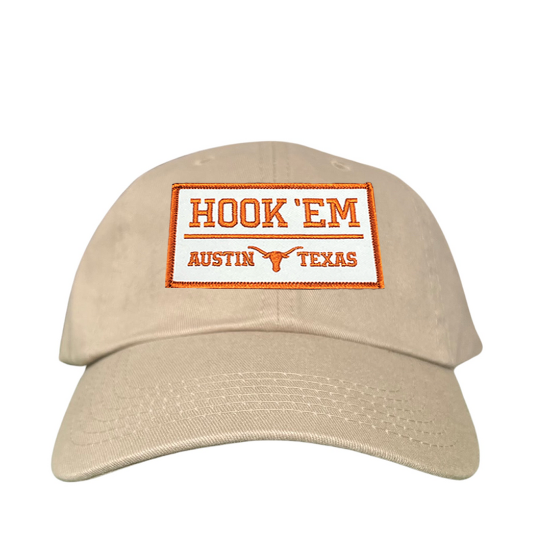 Texas Longhorns HOOK'EM Austin Texas / White - Burnt Orange Rectangle Patch / Hats / 111 / UT9097w / MM