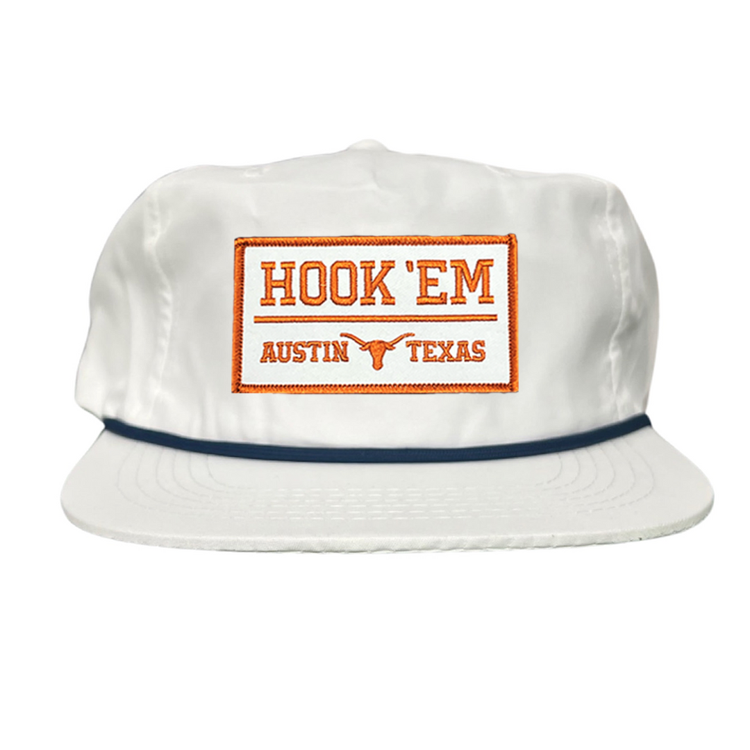 Texas Longhorns HOOK'EM Austin Texas / White - Burnt Orange Rectangle Patch / Hats / 111 / UT9097w / MM