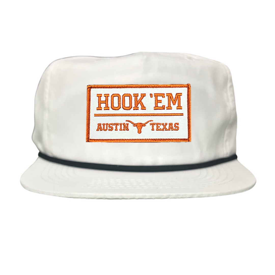 Texas Longhorns HOOK'EM Austin Texas / White - Burnt Orange Rectangle Patch / Hats / 111 / UT9097w / MM