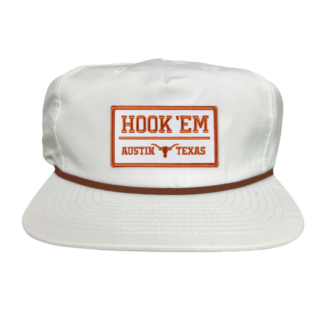 Texas Longhorns HOOK'EM Austin Texas / White - Burnt Orange Rectangle Patch / Hats / 111 / UT9097w / MM