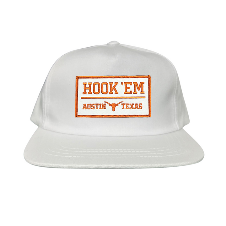 Texas Longhorns HOOK'EM Austin Texas / White - Burnt Orange Rectangle Patch / Hats / 111 / UT9097w / MM