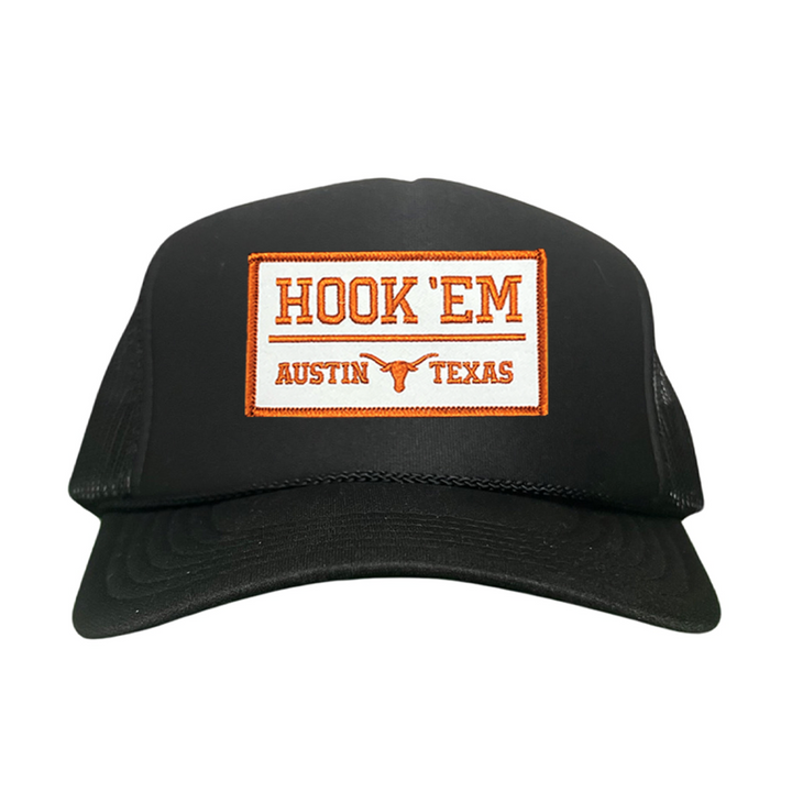 Texas Longhorns HOOK'EM Austin Texas / White - Burnt Orange Rectangle Patch / Hats / 111 / UT9097w / MM