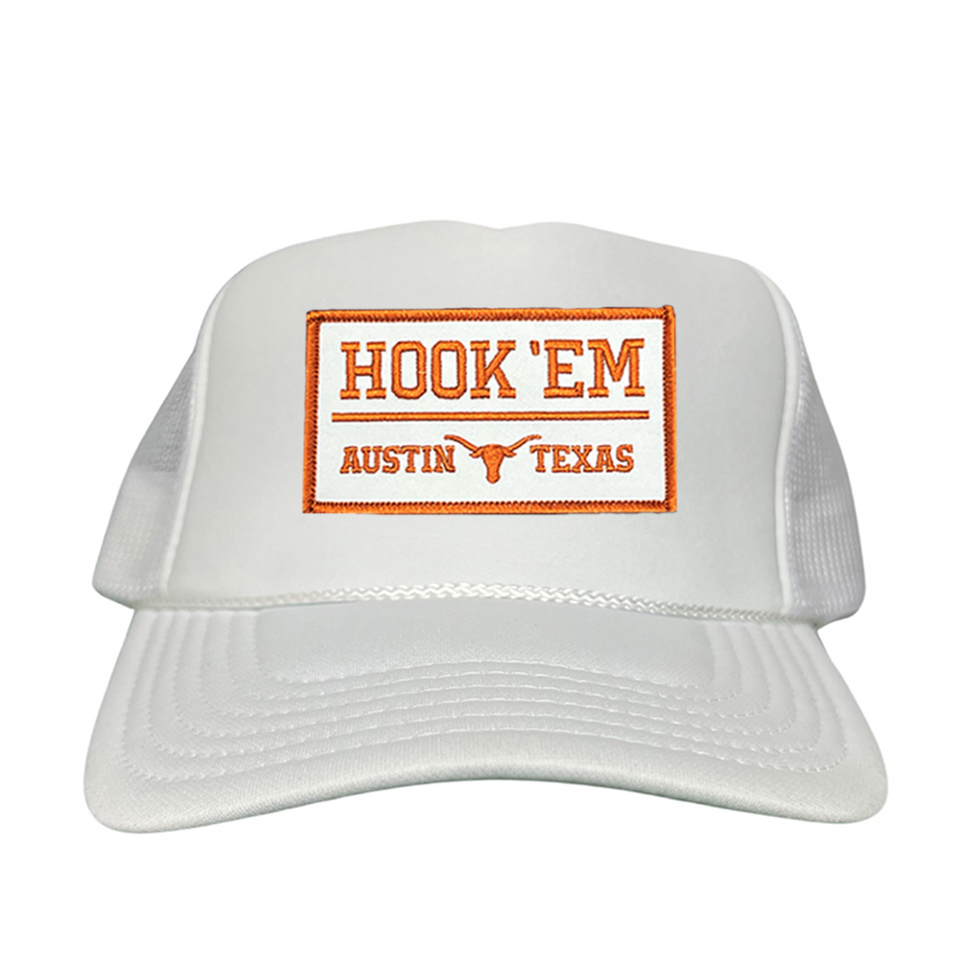 Texas Longhorns HOOK'EM Austin Texas / White - Burnt Orange Rectangle Patch / Hats / 111 / UT9097w / MM