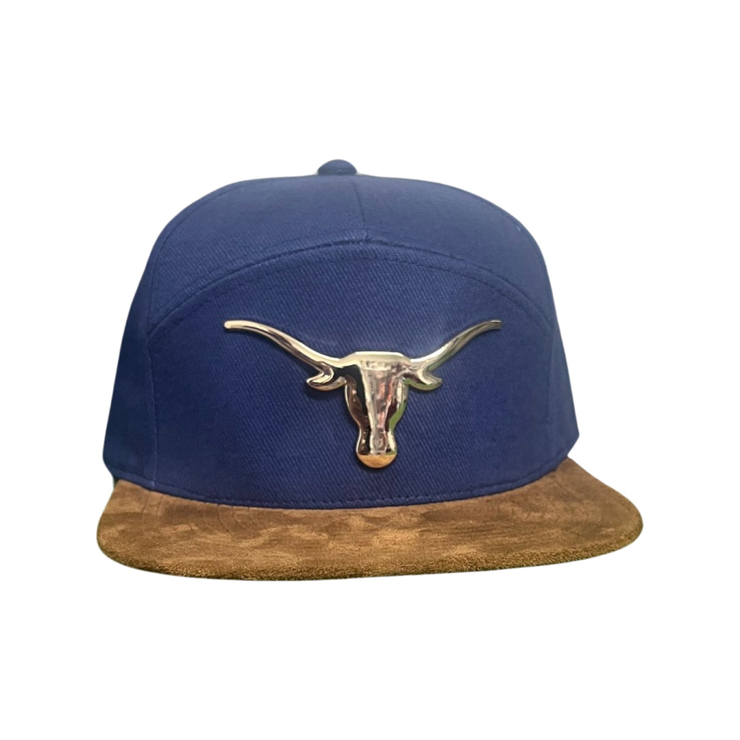 Texas Longhorns Gold Metal Longhorn Logo on Navy Cotton & Tan Suede Flatbill / Hat / UT9011 / MM