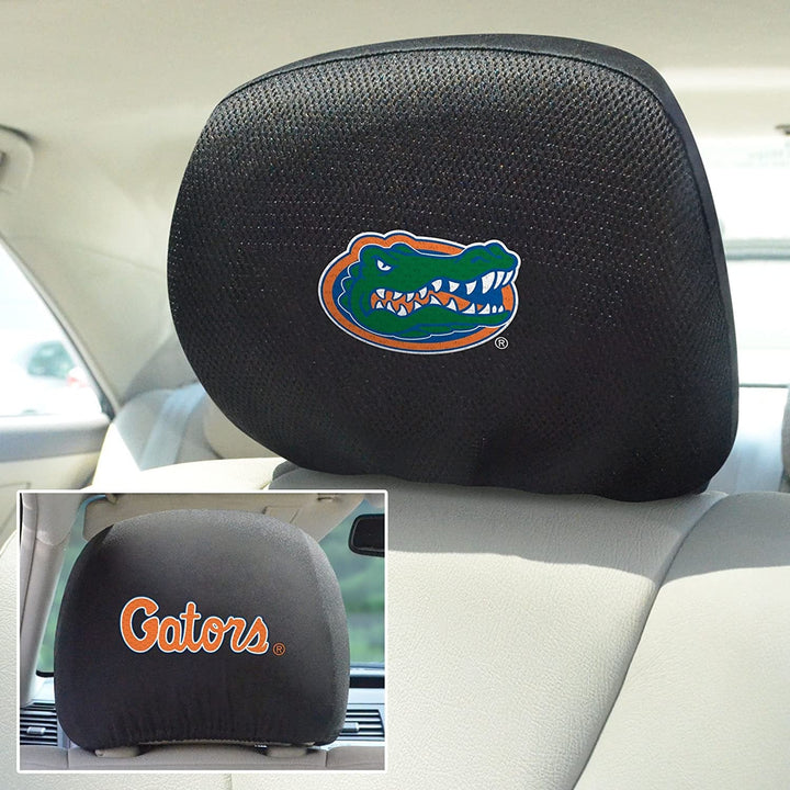 University of Florida Gators Pair of Premium Auto Head Rest Covers, Embroidered, Black Elastic, 14x10 Inch