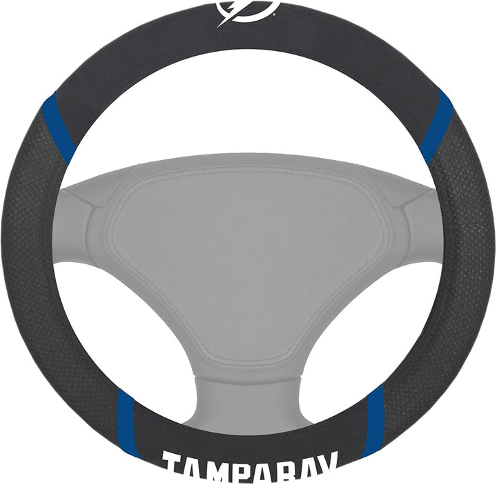 Tampa Bay Lightning Steering Wheel Cover Premium Embroidered Black 15 Inch