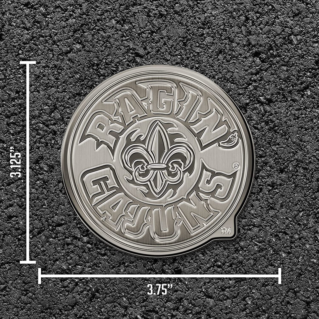 University of Louisiana Lafayette Ragin Cajuns Solid Metal Raised Auto Emblem, Antique Nickel Finish, Shape Cut, Adhesive Backing