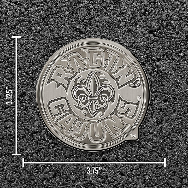 University of Louisiana Lafayette Ragin Cajuns Solid Metal Raised Auto Emblem, Antique Nickel Finish, Shape Cut, Adhesive Backing