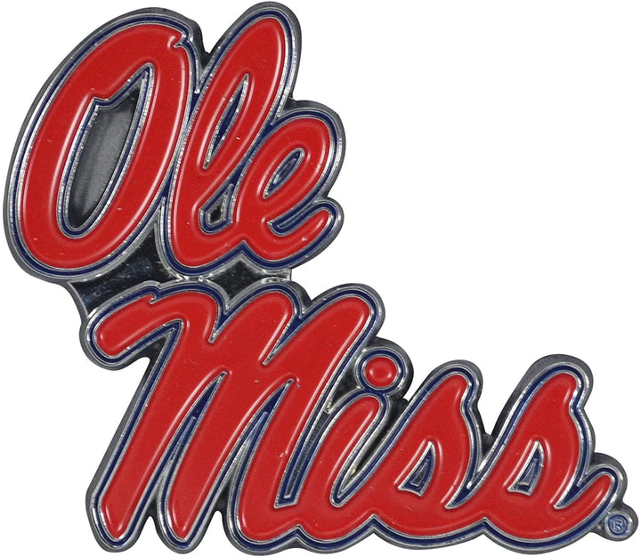 University of Mississippi Rebels Ole Miss Premium Solid Metal Raised Auto Emblem, Team Color, Shape Cut, Adhesive Backing