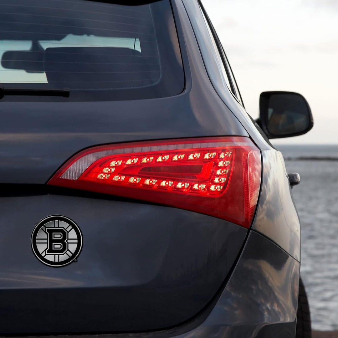 Boston Bruins Auto Emblem, Silver Chrome Color, Raised Molded Plastic, 3.5 Inch, Adhesive Tape Backing