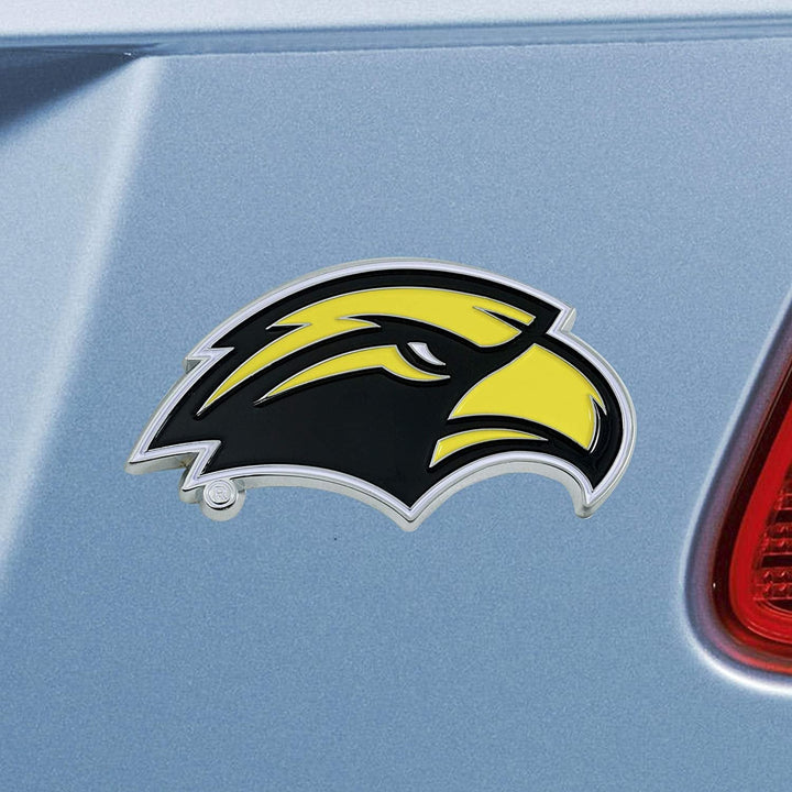 University of Southern Mississippi Eagles Premium Solid Metal Raised Auto Emblem, Team Color, Shape Cut, Adhesive Backing