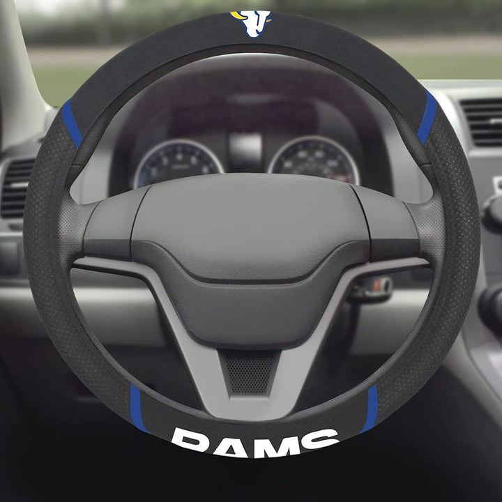 Los Angeles Rams Steering Wheel Cover Premium Black Embroidered 15 Inch