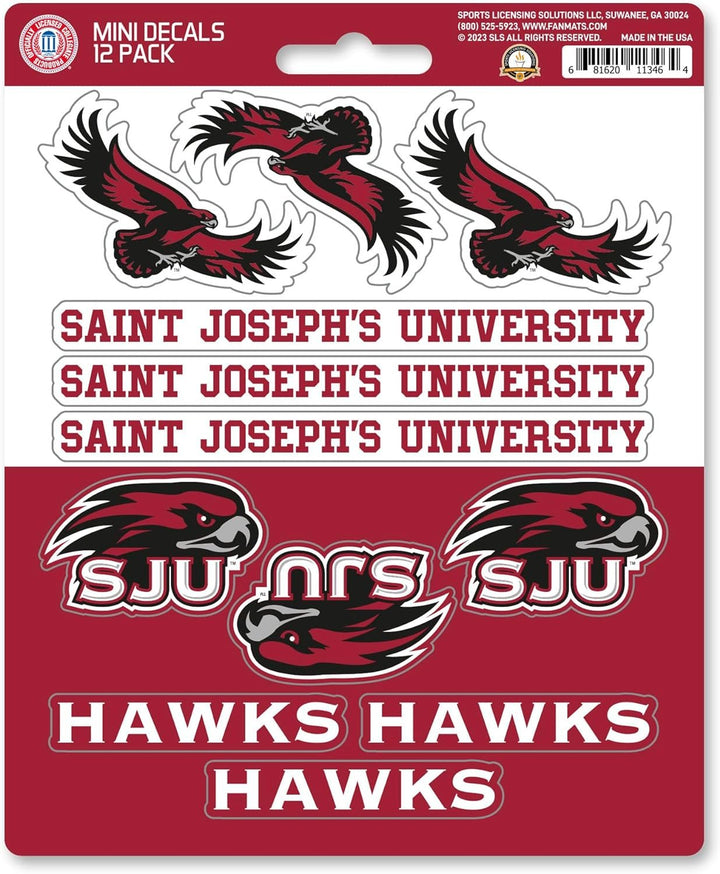 St Joseph University Hawks 12-Piece Mini Decal Sticker Set, 5x6 Inch Sheet, Gift for football fans for any hard surfaces around home, automotive, personal items