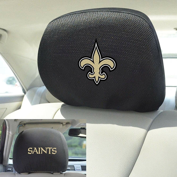 New Orleans Saints Pair of Premium Auto Head Rest Covers, Embroidered, Black Elastic, 14x10 Inch
