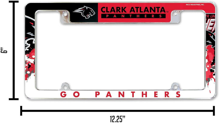 Clark Atlanta University Panthers Metal License Plate Frame Tag Cover, All Over Design, EZ View, Heavy Duty, 12x6 Inch