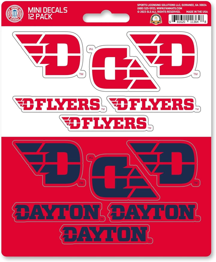 University of Dayton Flyers 12-Piece Mini Decal Sticker Set, 5x6 Inch Sheet, Gift for football fans for any hard surfaces around home, automotive, personal items