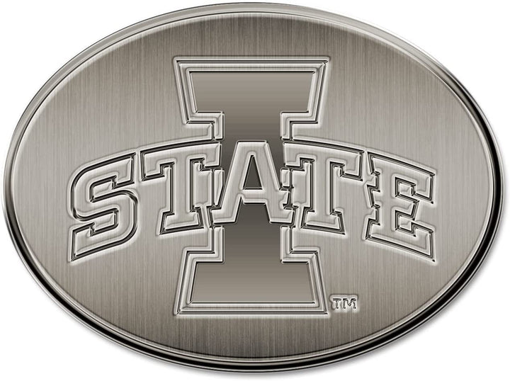 Iowa State University Cyclones Premium Solid Metal Raised Auto Emblem, Antique Nickel Finish, Shape Cut, Adhesive Backing