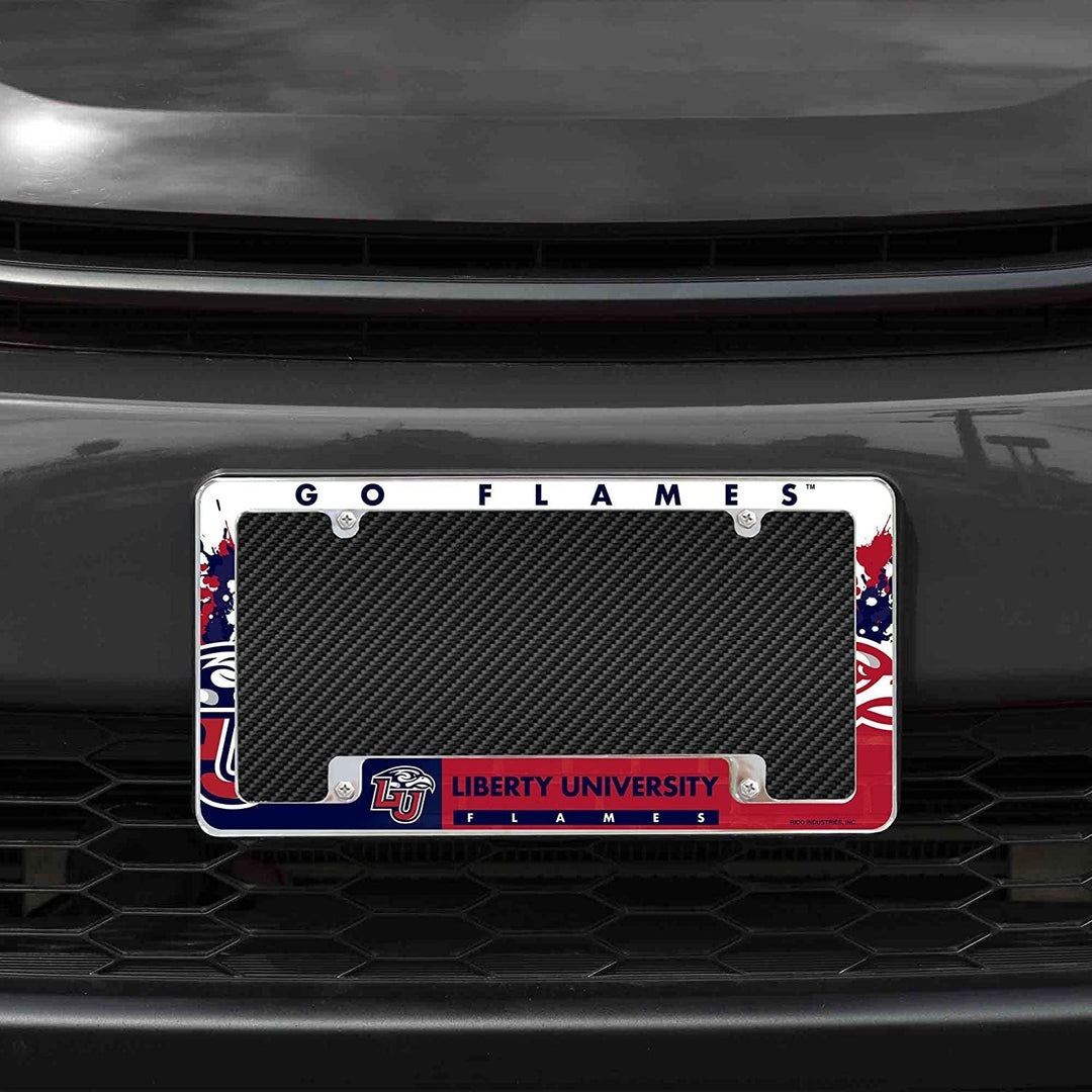 Liberty University Flames Metal License Plate Frame Chrome Tag Cover All Over Design 6x12 Inch
