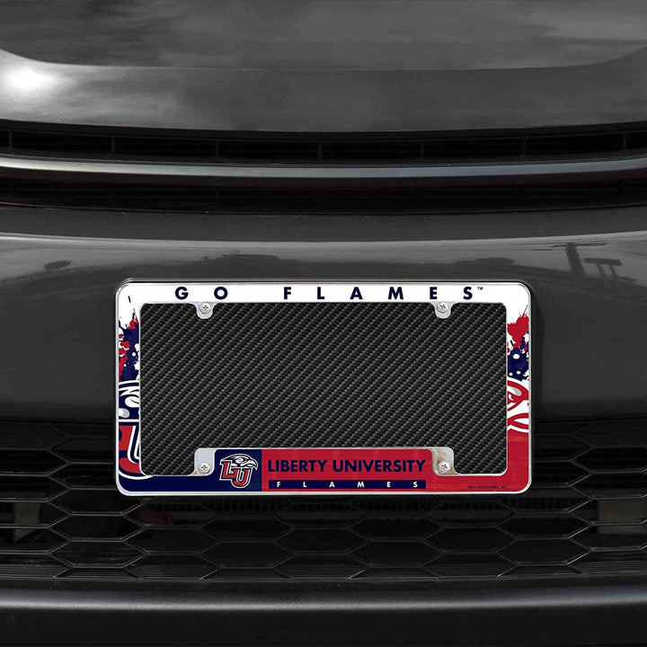 Liberty University Flames Metal License Plate Frame Chrome Tag Cover All Over Design 6x12 Inch