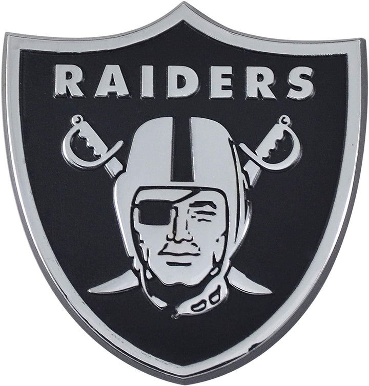 Las Vegas Raiders Premium Solid Metal Raised Auto Emblem, Team Color, Shape Cut, Adhesive Backing