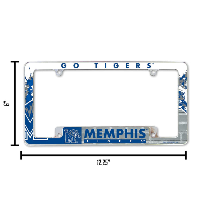 University of Memphis Tigers Metal License Plate Frame Chrome Tag Cover, All Over Design, 6x12 Inch