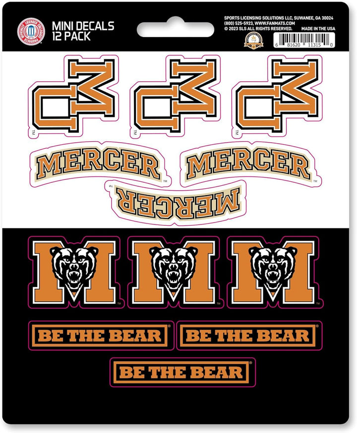 Mercer University Bears 12-Piece Mini Decal Sticker Set, 5x6 Inch Sheet, Gift for football fans for any hard surfaces around home, automotive, personal items