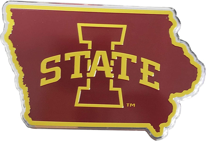 Iowa State University Cyclones Team State Design Auto Emblem, Aluminum Metal, Embossed Team Color, Raised Decal Sticker, Full Adhesive Backing