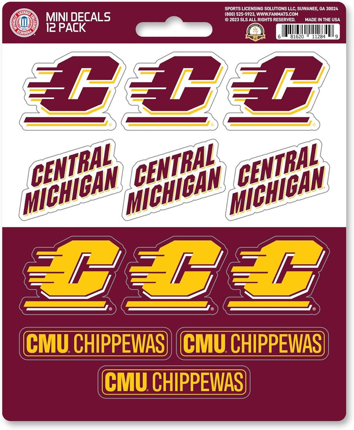 Central Michigan University Chippewas 12-Piece Mini Decal Sticker Set, 5x6 Inch Sheet, Gift for football fans for any hard surfaces around home, automotive, personal items