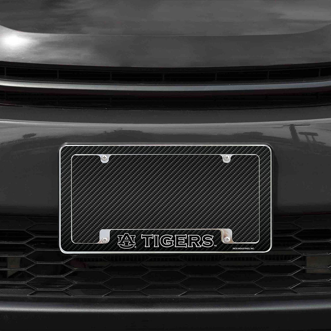 Auburn University Tigers Metal License Plate Frame Chrome Tag Cover Carbon Fiber Design 6x12 Inch