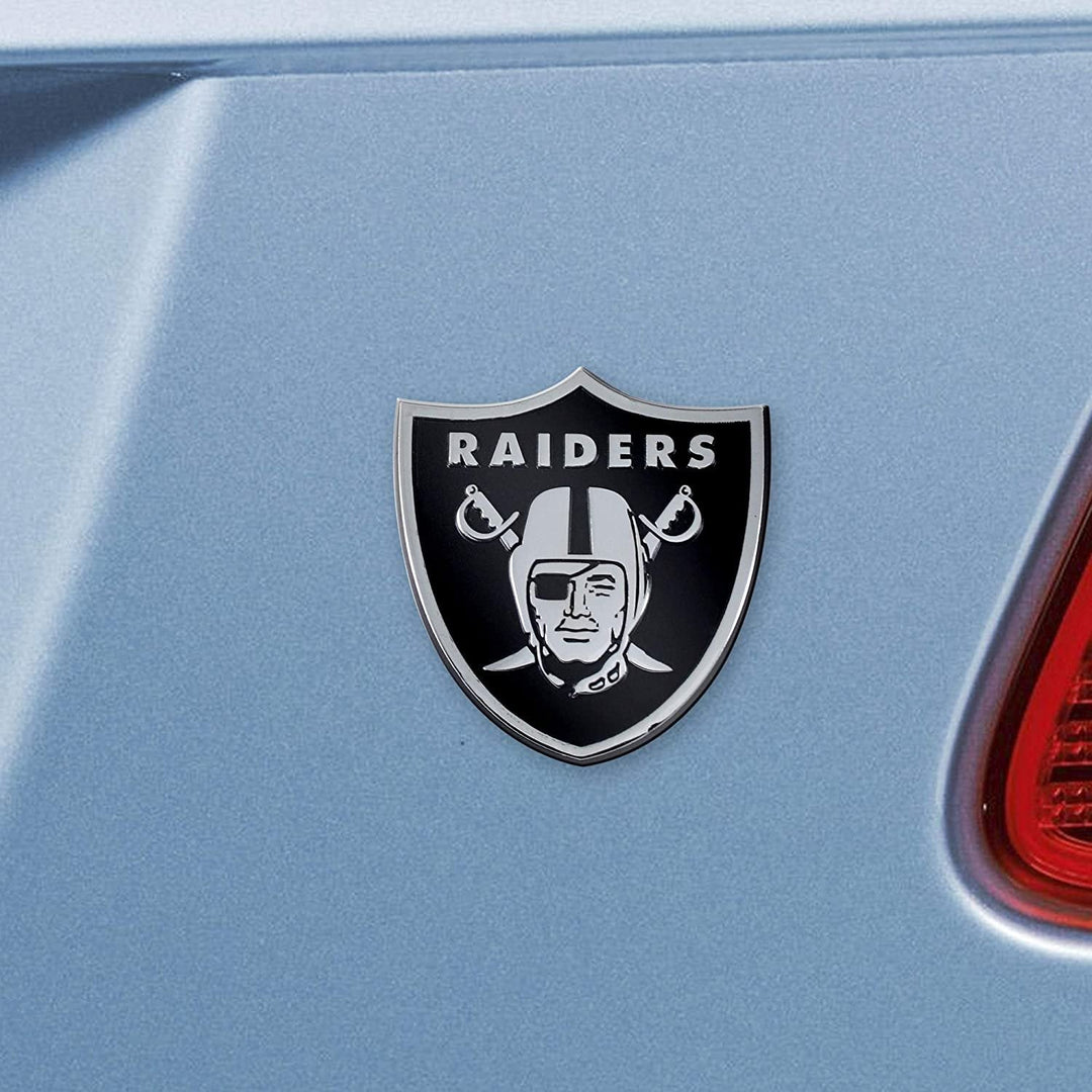 Las Vegas Raiders Premium Solid Metal Raised Auto Emblem, Team Color, Shape Cut, Adhesive Backing
