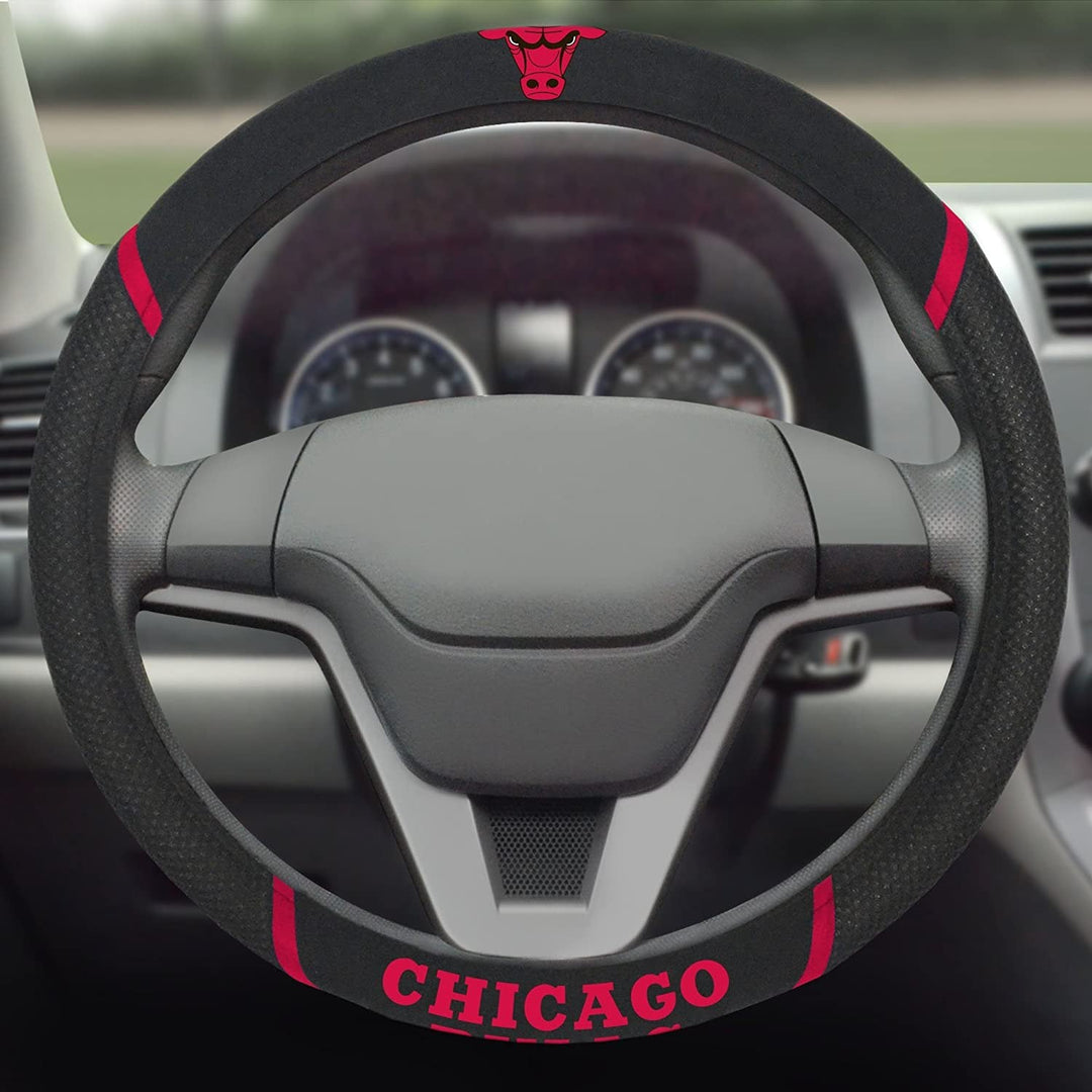 Chicago Bulls Steering Wheel Cover Premium Embroidered Black 15 Inch