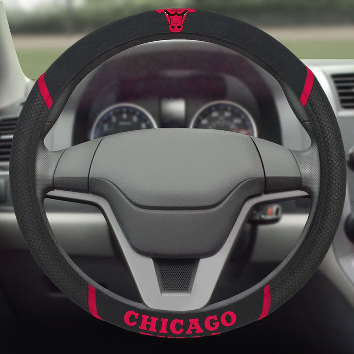 Chicago Bulls Steering Wheel Cover Premium Embroidered Black 15 Inch