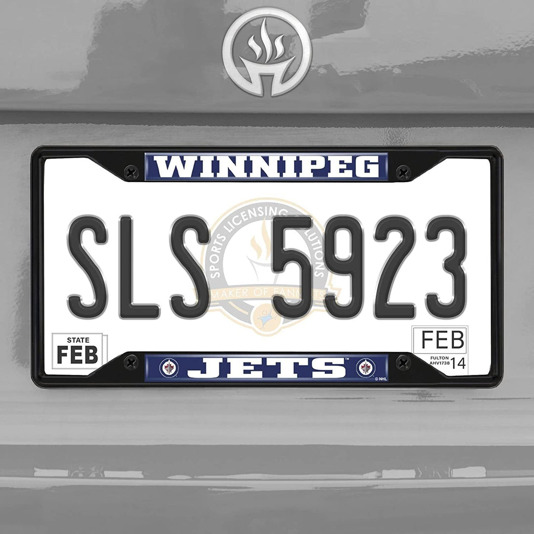 Winnipeg Jets Black Metal License Plate Frame Auto tag Cover, 12x6 Inch