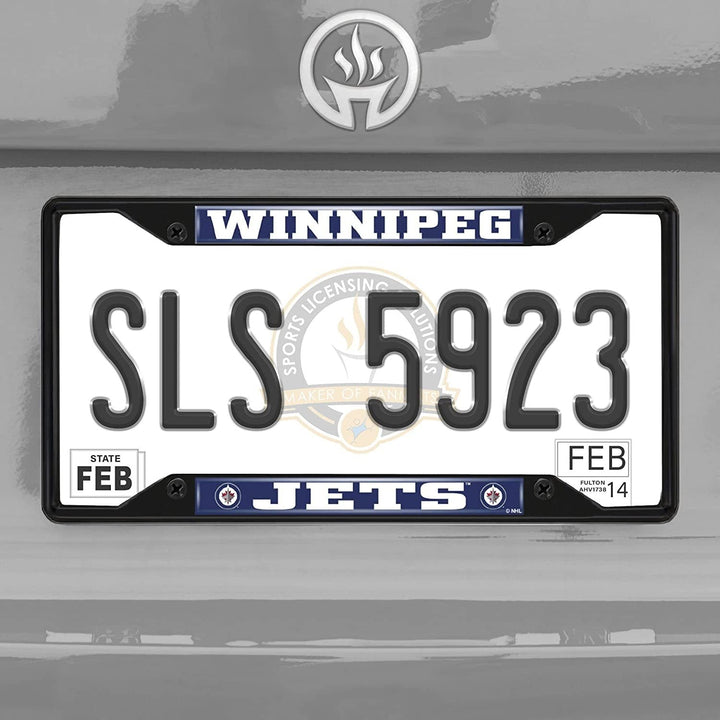 Winnipeg Jets Black Metal License Plate Frame Auto tag Cover, 12x6 Inch