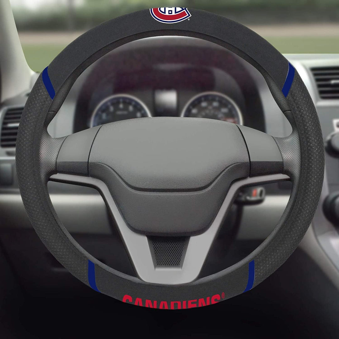 Montreal Canadiens Steering Wheel Cover Premium Embroidered Black 15 Inch