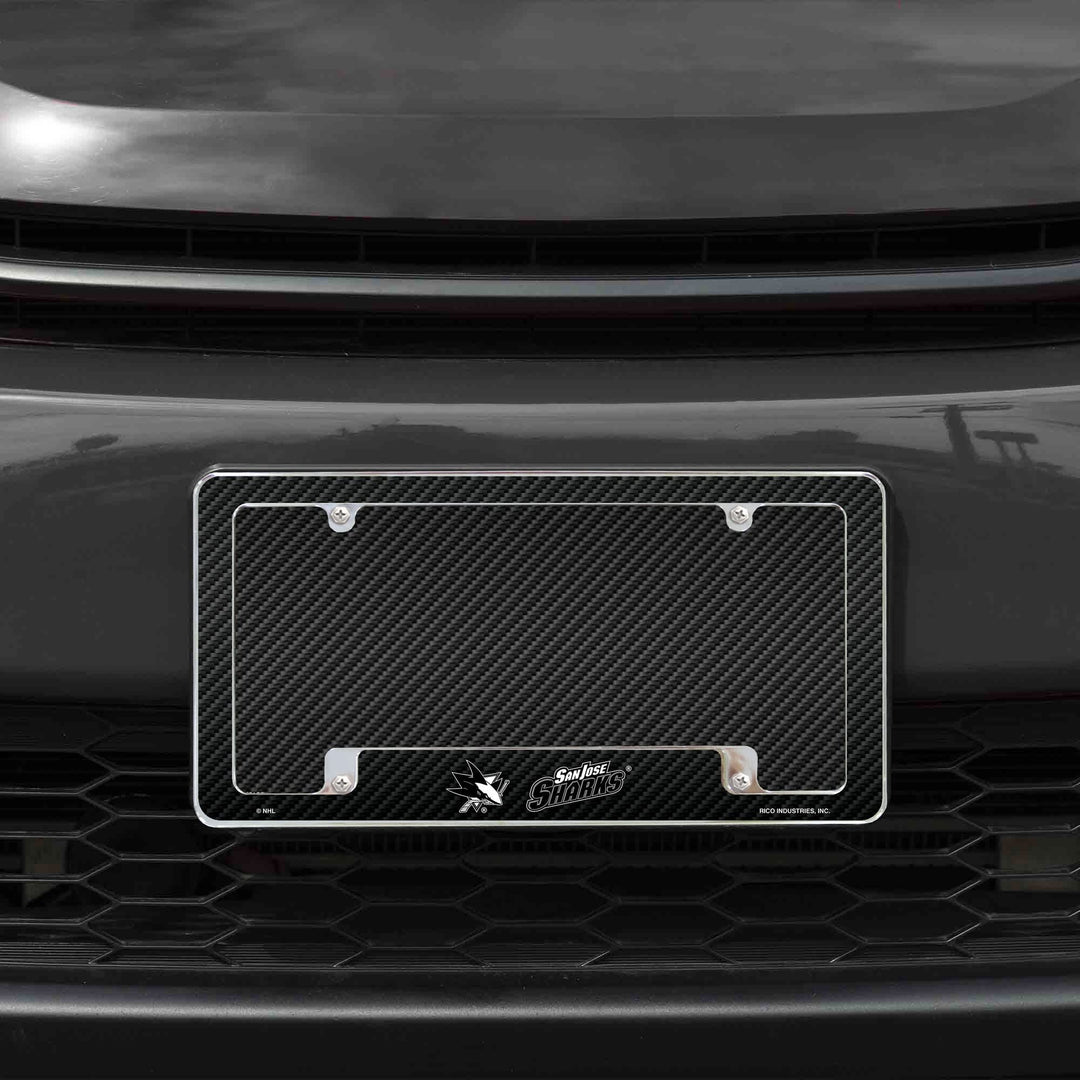 San Jose Sharks Metal License Plate Frame Chrome Tag Cover, Carbon Fiber Design, 6x12 Inch
