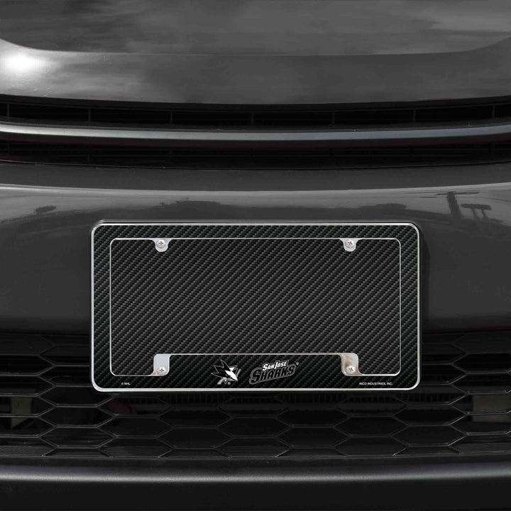 San Jose Sharks Metal License Plate Frame Chrome Tag Cover, Carbon Fiber Design, 6x12 Inch