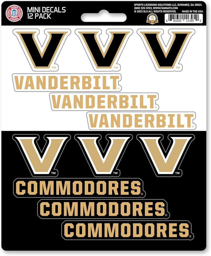 Vanderbilt University Commodores 12-Piece Mini Decal Sticker Set, 5x6 Inch Sheet, Gift for football fans for any hard surfaces around home, automotive, personal items