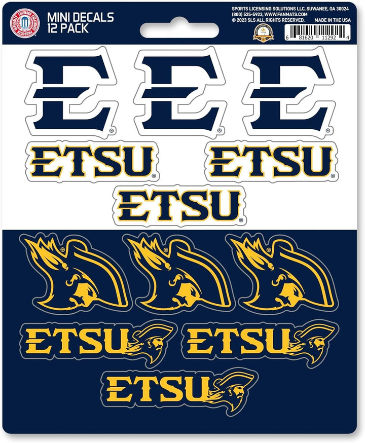 East Tennessee State University Buccaneers 12-Piece Mini Decal Sticker Set, 5x6 Inch Sheet, Gift for football fans for any hard surfaces around home, automotive, personal items