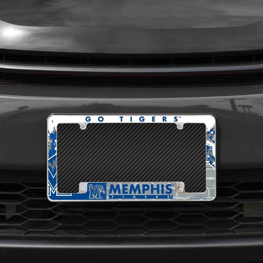 University of Memphis Tigers Metal License Plate Frame Chrome Tag Cover, All Over Design, 6x12 Inch