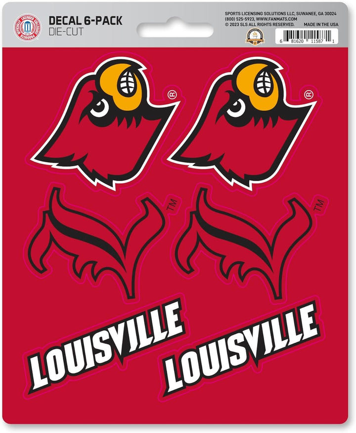 University of Louisville Cardinals 6-Piece Decal Sticker Set, 5x6 Inch Sheet, Gift for football fans for any hard surfaces around home, automotive, personal items