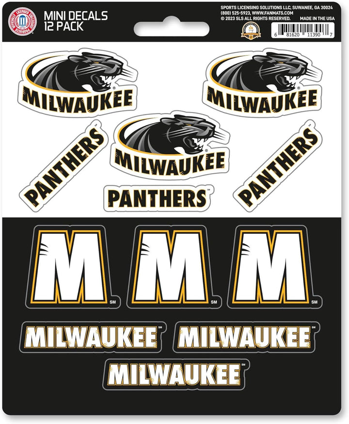 University Of Wisconsin Milwaukee Panthers 12-Piece Mini Decal Sticker Set, 5x6 Inch Sheet, Gift for football fans for any hard surfaces around home, automotive, personal items