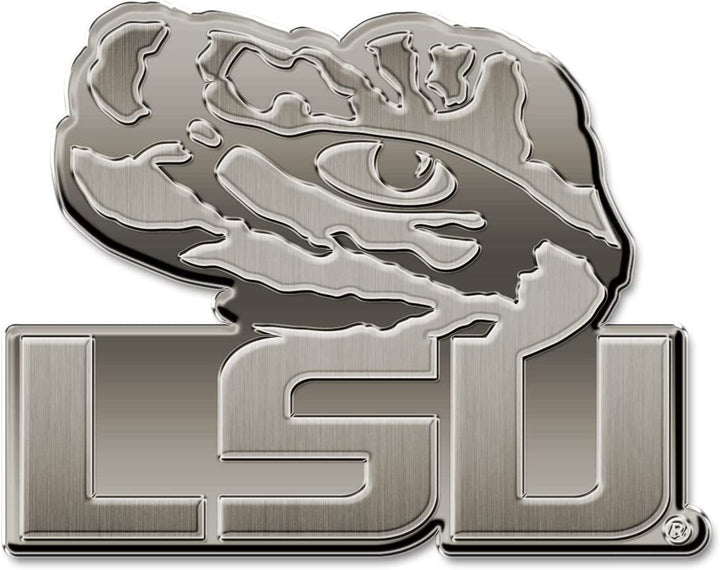 Louisiana State University LSU Tigers Premium Solid Metal Raised Auto Emblem, Antique Nickel Finish, Shape Cut, Adhesive Backing