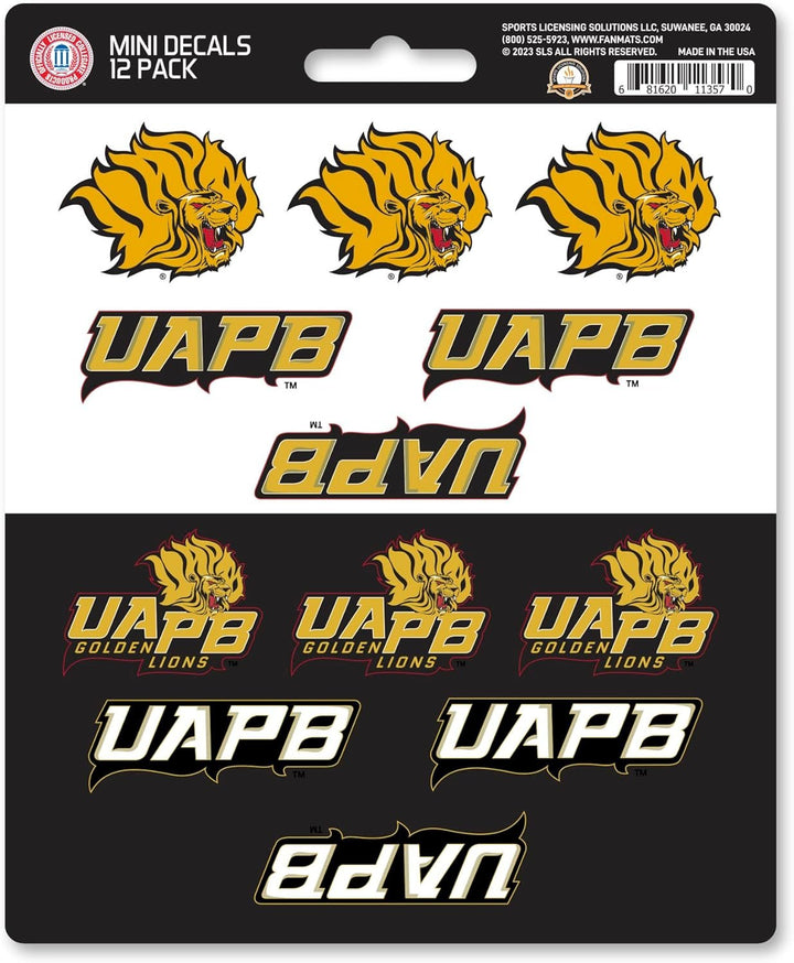 University of Arkansas Pine Bl Golden Lions 12-Piece Mini Decal Sticker Set, 5x6 Inch Sheet, Gift for football fans for any hard surfaces around home, automotive, personal items